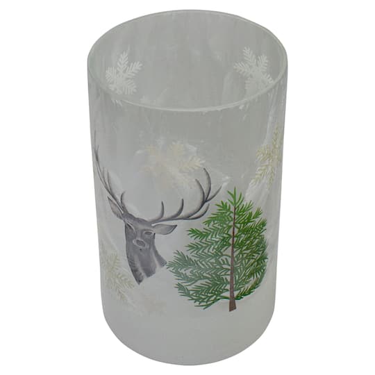 10" Winter Deer Flameless Glass Christmas Candle Holder